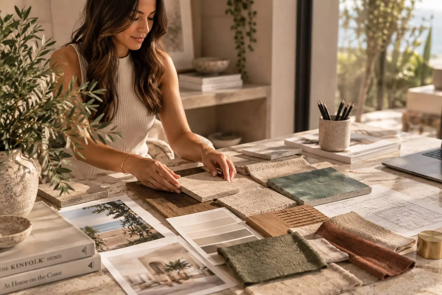 Isla Monroe arranging material samples for a Laguna Beach interior design project