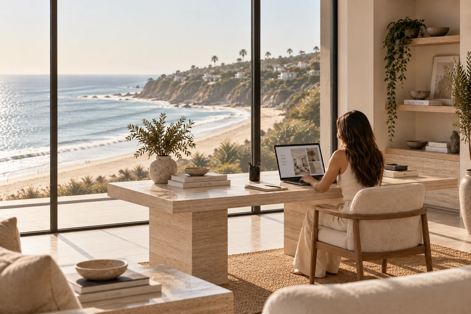 Isla Monroe working in her Laguna Beach interior design studio