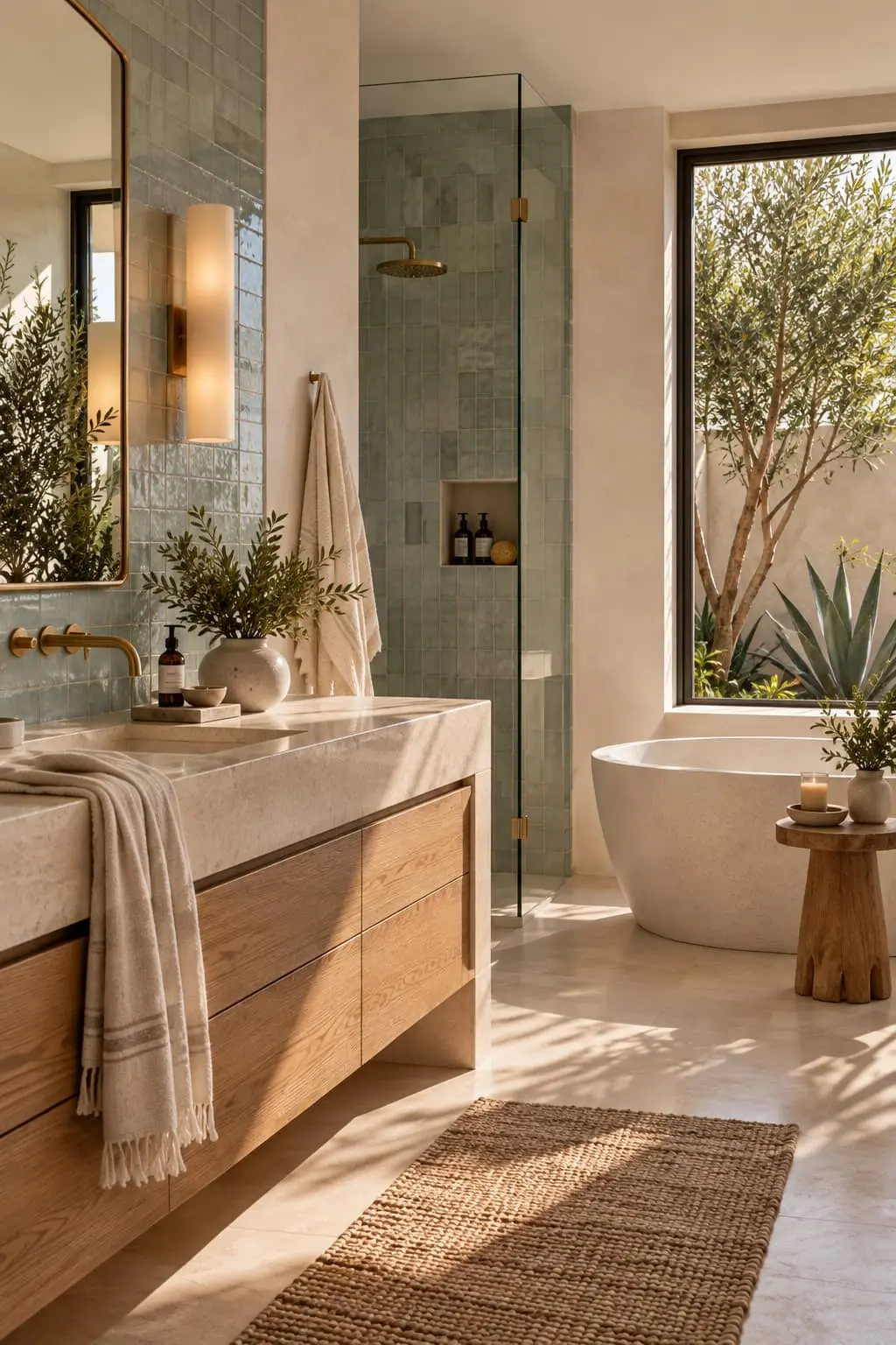 Modern coastal bathroom with sea-glass tile in Laguna Beach, designed by Isla Monroe