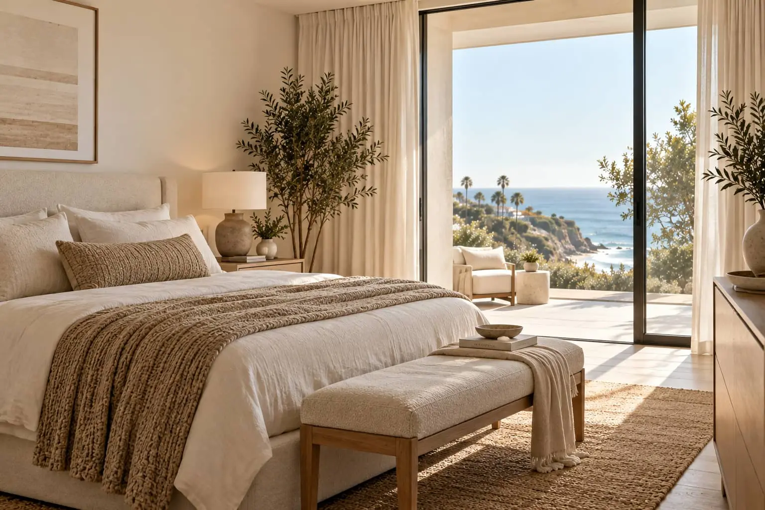 Modern coastal bedroom with ocean views in Laguna Beach, designed by Isla Monroe