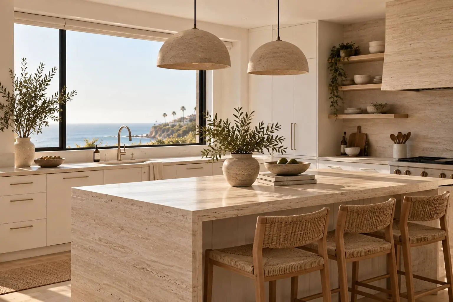 Modern coastal kitchen with ocean views in Laguna Beach, designed by Isla Monroe