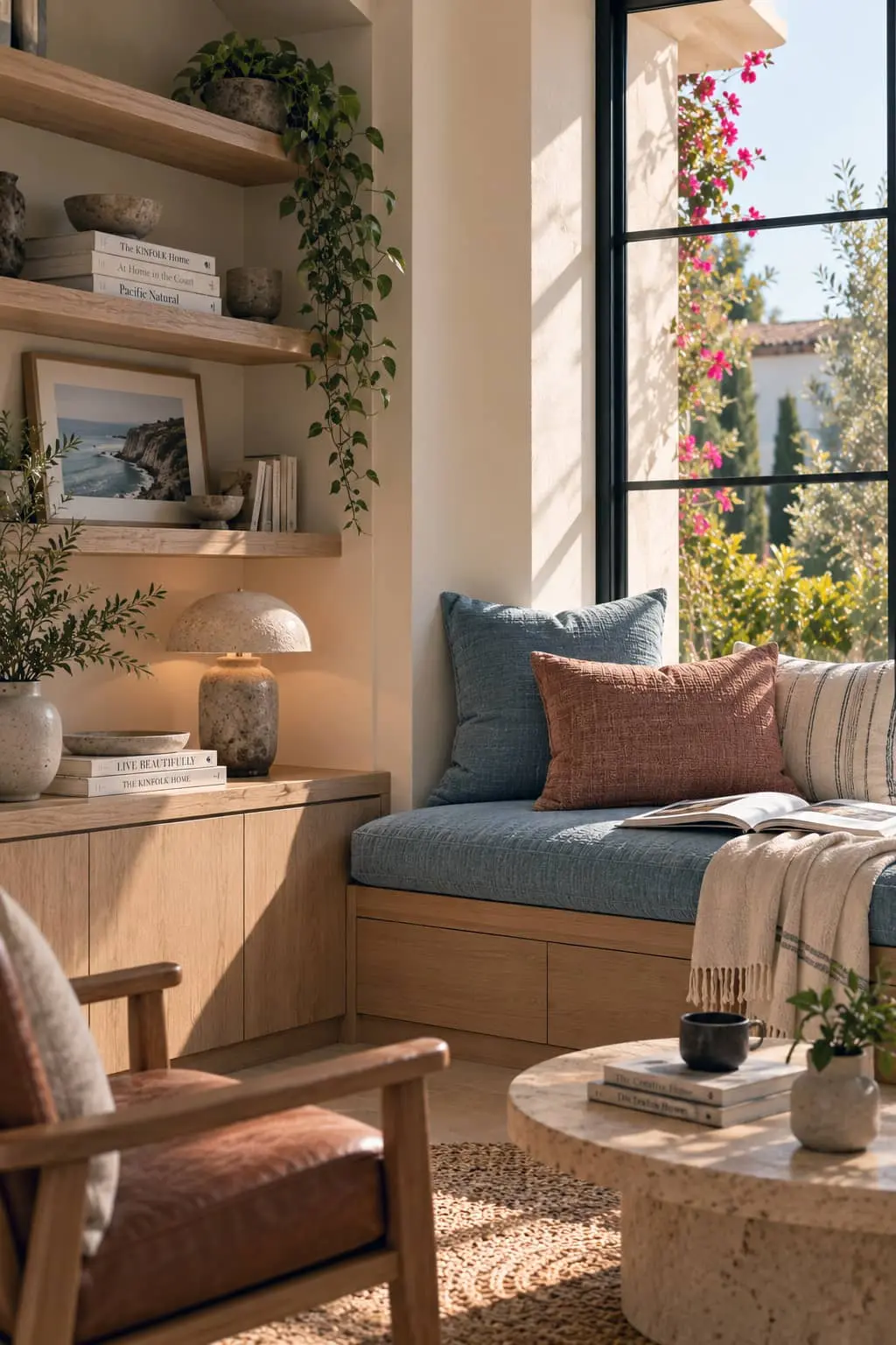 Coastal reading nook with built-in seating in Laguna Beach, designed by Isla Monroe