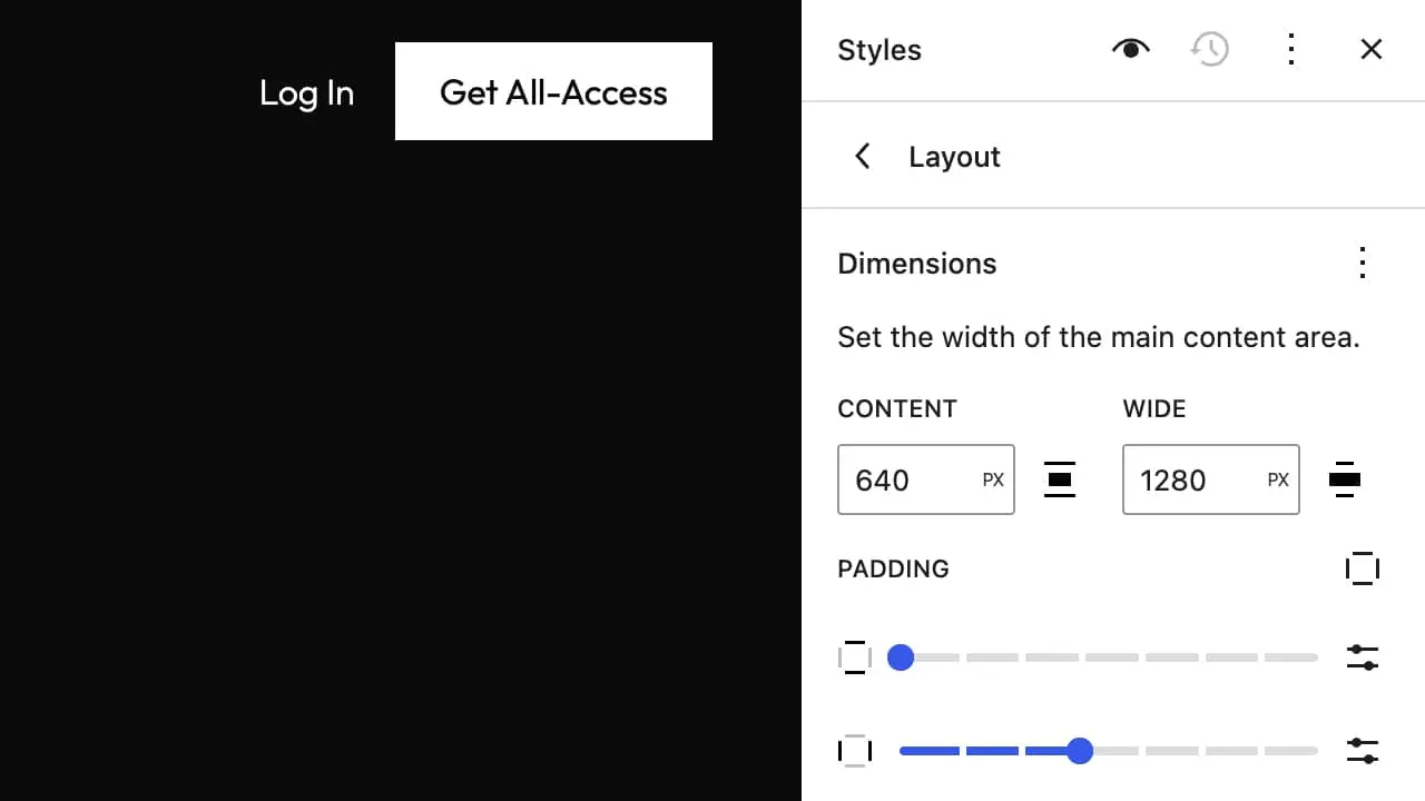 Layout controls to set content width in Powder theme for WordPress