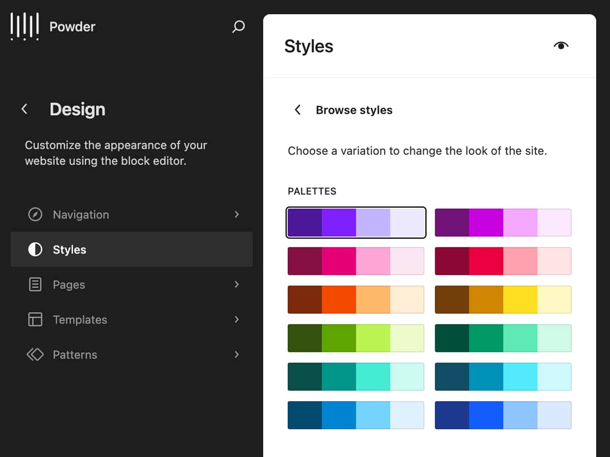 Powder WordPress theme color palettes