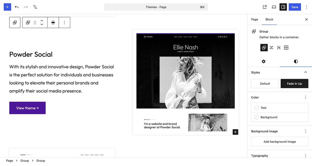 Powder WordPress theme Fade In Up block style