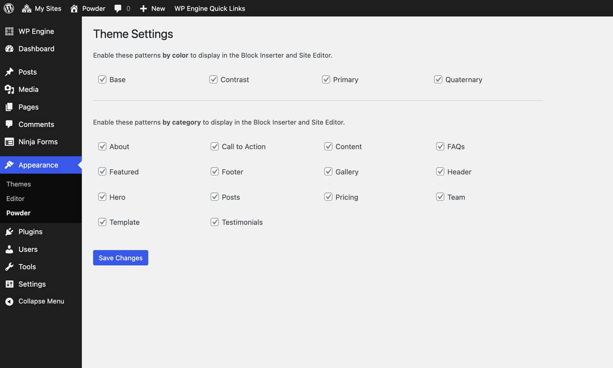 Powder WordPress theme settings page