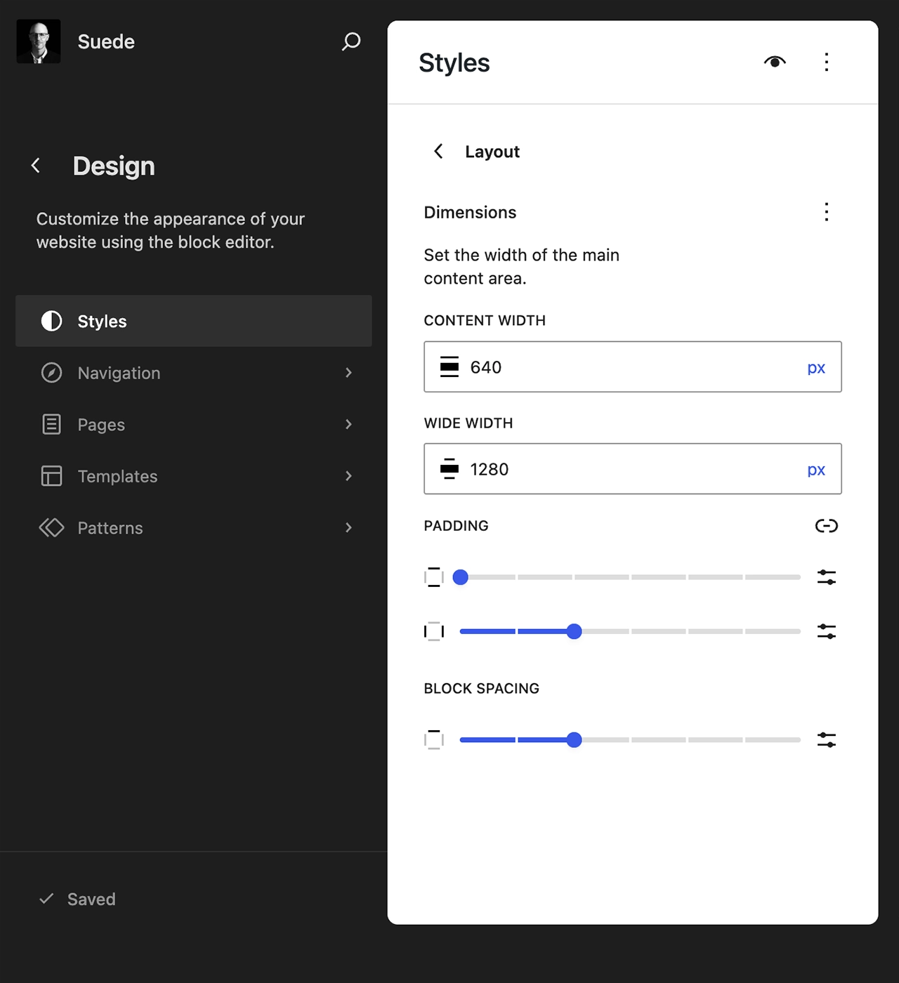 Layout controls to set content width in Suede WordPress theme