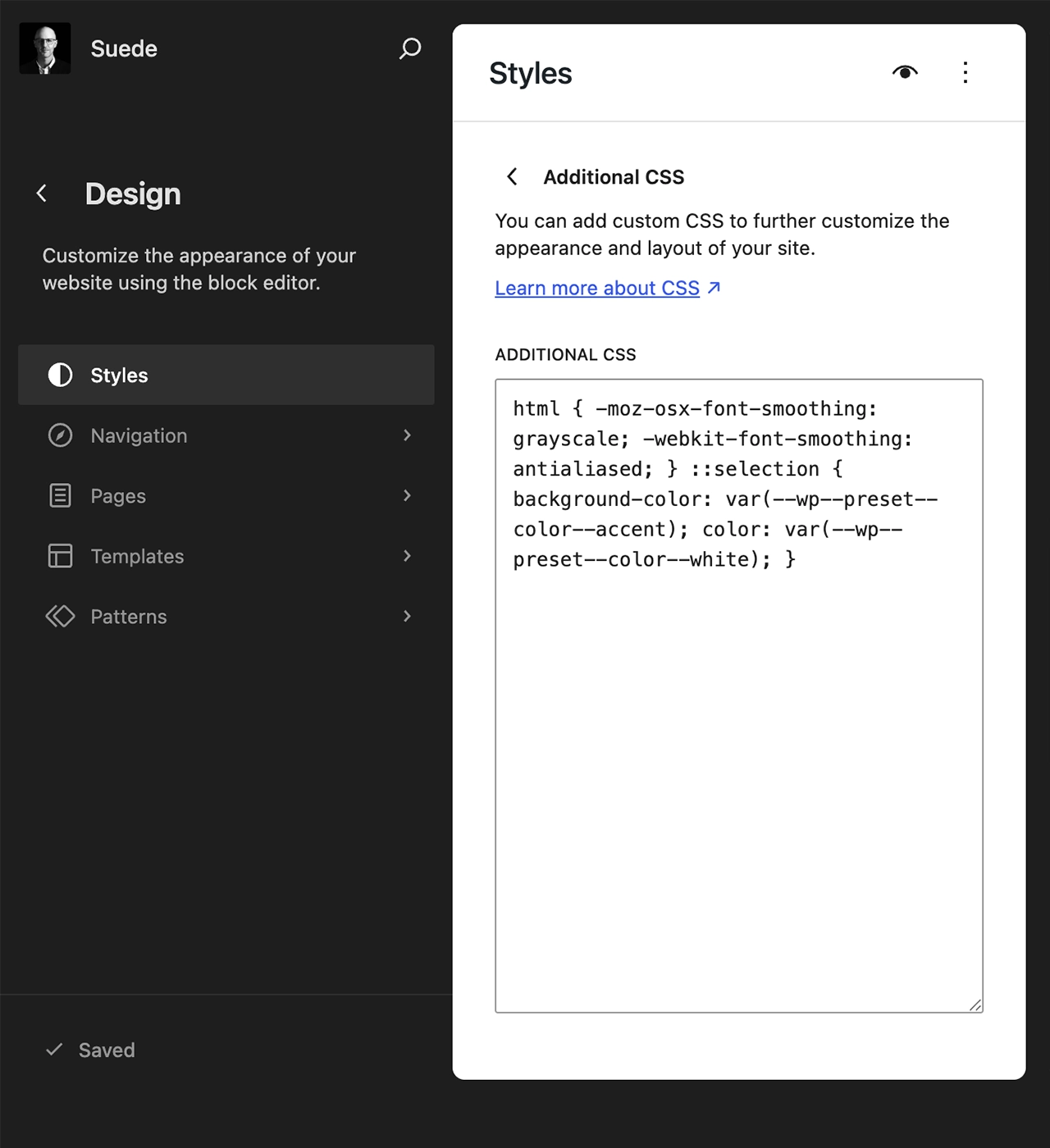 Additional CSS panel in site editor to customize font smoothing