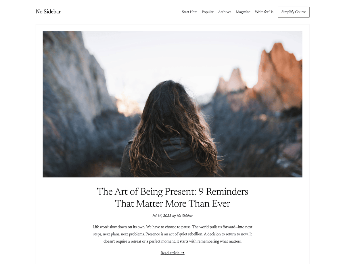 No Sidebar home page screenshot with balanced title