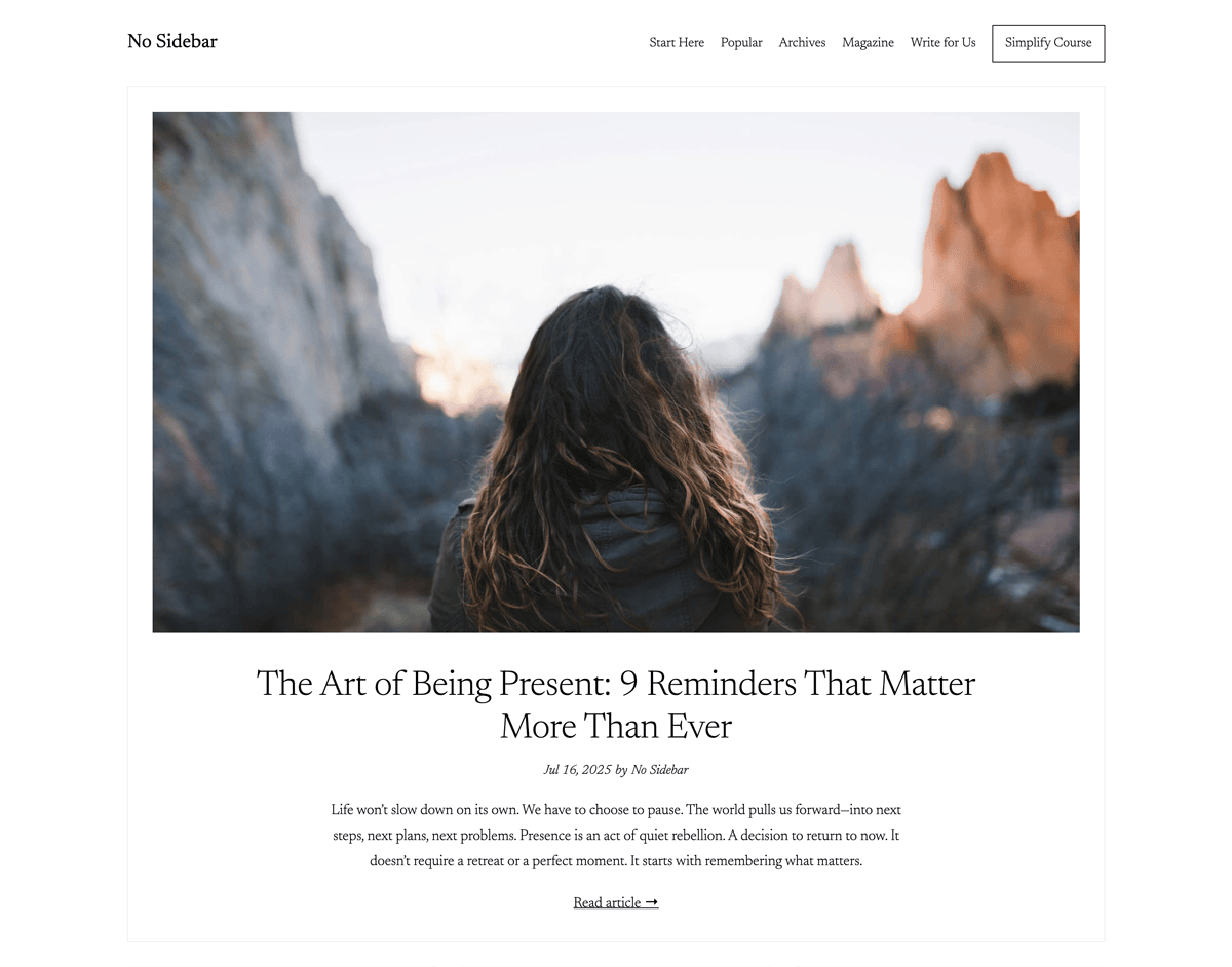 No Sidebar home page screenshot with not balanced title
