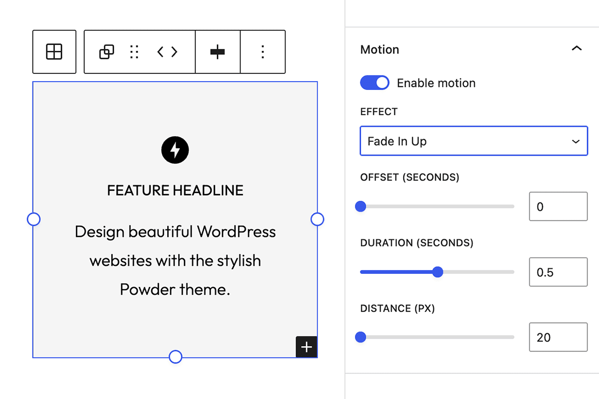 Motion settings panel in the WordPress block editor for the Powder theme